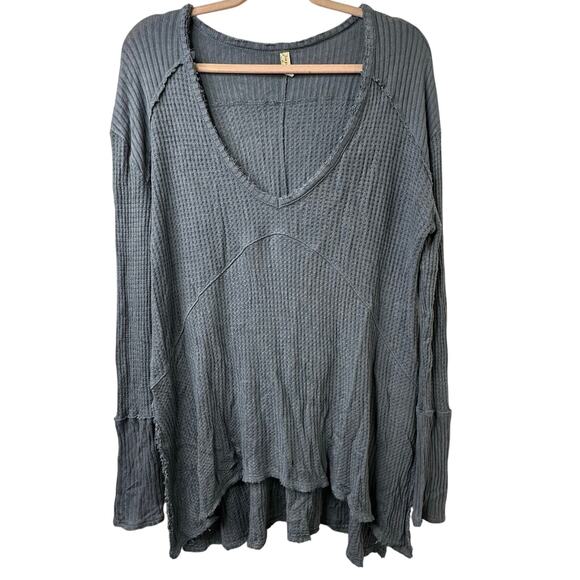 Md Free People Sunset Park Drippy Thermal Top Blue Slouchy Boho Waffle Knit Cozy - Picture 2 of 8